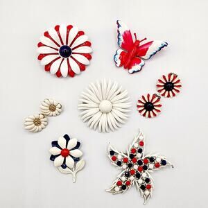Vintage Enamel Flower Power Brooch Lot Red White Blue Monet Clip Earrings MCM